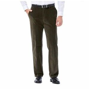 Haggar Men's Straight Fit Stretch Green Corduroy Chino Pants 40 x 32 Adj waist